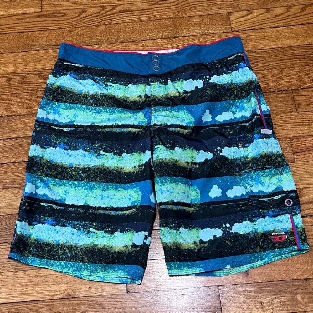 Diesel Beachwear Mens Swim Trunk Size 32 Blue Striped Colorful 90s Beach Party